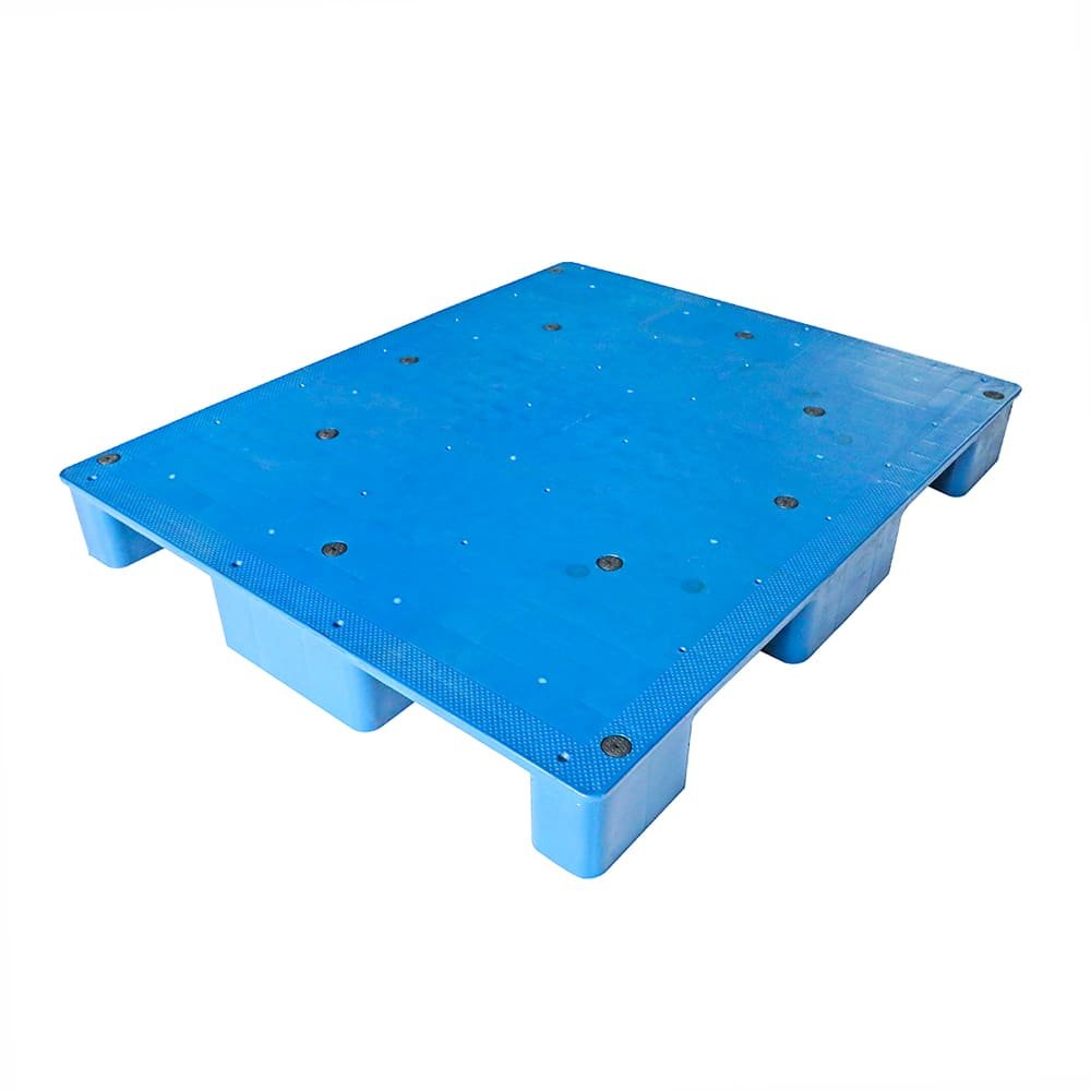 A blue 9 Legs Stackable Solid Flat Plastic Pallet, featuring a solid flat surface and nine legs for stable stacking.