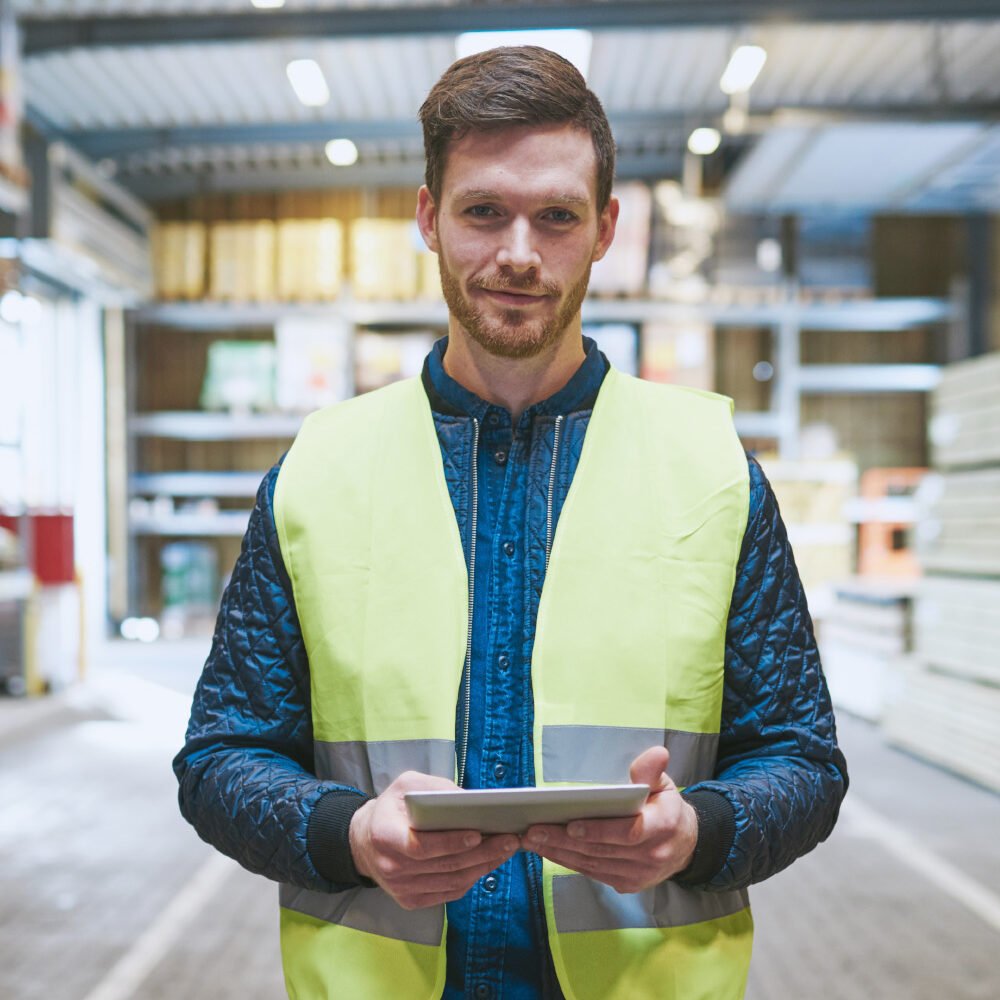 Employee in safety vest. We move to quotation & feasibility, evaluating to offer competitive plastic pallet quotes.