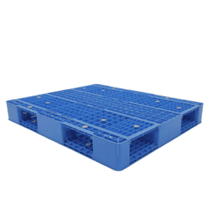 A blue reusable double - side heavy duty plastic pallet, featuring a grid design on both sides, suitable for heavy - load applications and offering durability.