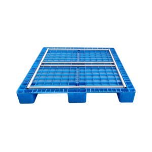A blue 3 - runners heavy duty industrial plastic pallet with its top panel removed, revealing internal metal runners, designed for sturdy support in printing - related logistics.