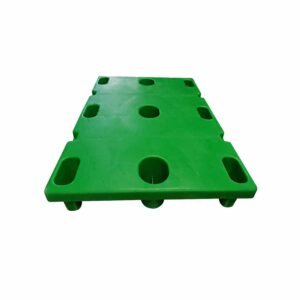 A green Printing Nestable 9 Legs Plastic Pallet, featuring multiple holes and a flat top, suitable for efficient storage and transport in the printing sector.