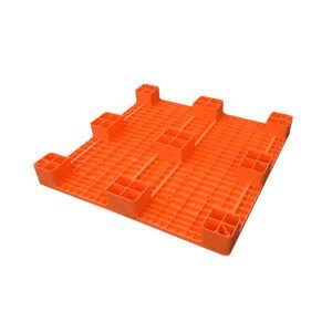 An orange 9 Legs Flat Stackable Plastic Pallet, designed for easy stacking with its flat surface and nine legs.