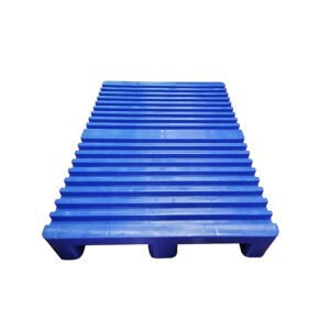 A blue Printing 3 Skids Plastic Pallet with ribbed surface, designed for printing industry use, providing sturdy support for materials.