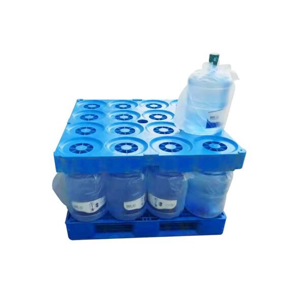A blue bottled water pallet with an interlocking system, demonstrating stackable design for 16 five - gallon water bottles.