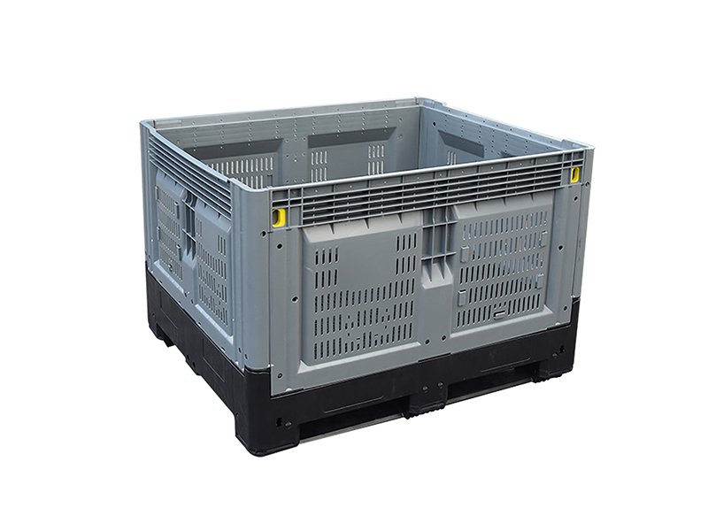 A grey collapsible plastic pallet box, highlighting its foldable design for space - saving storage and transport.