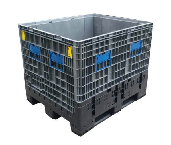 Collapsible pallet container with reinforced walls and side card holders, ideal for returnable packaging systems.
