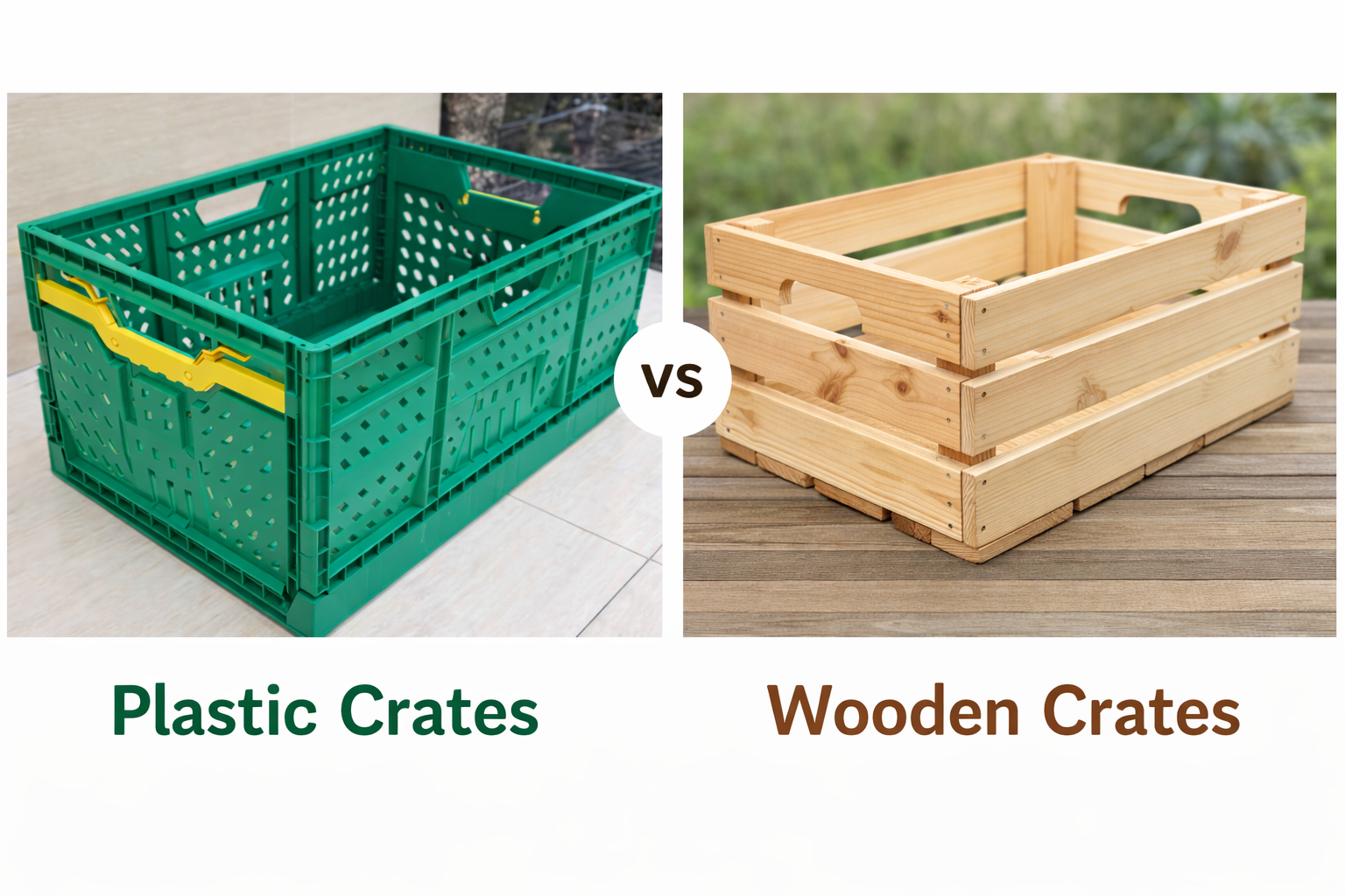 Comparison between plastic and wooden crates showing durability and design differences