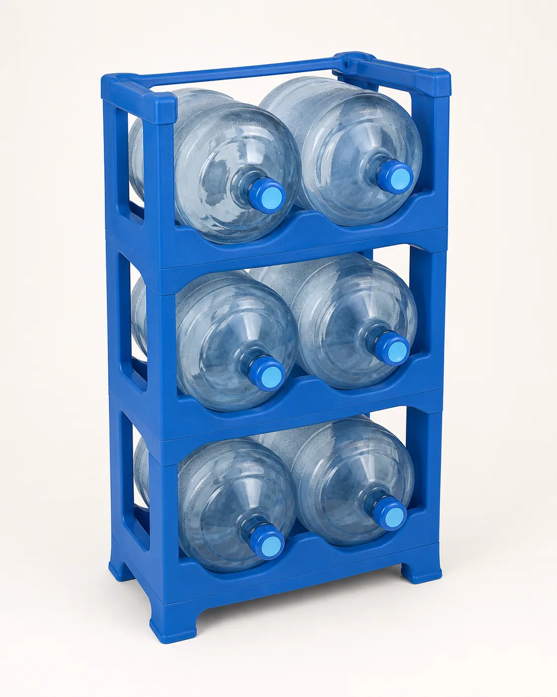 Blue 3-tier 5 gallon water bottle rack holding six water jugs