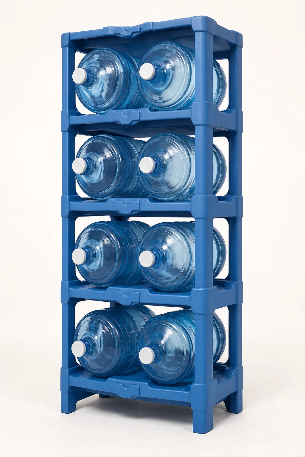 Four-tier plastic water jug storage rack for eight 5 gallon bottles