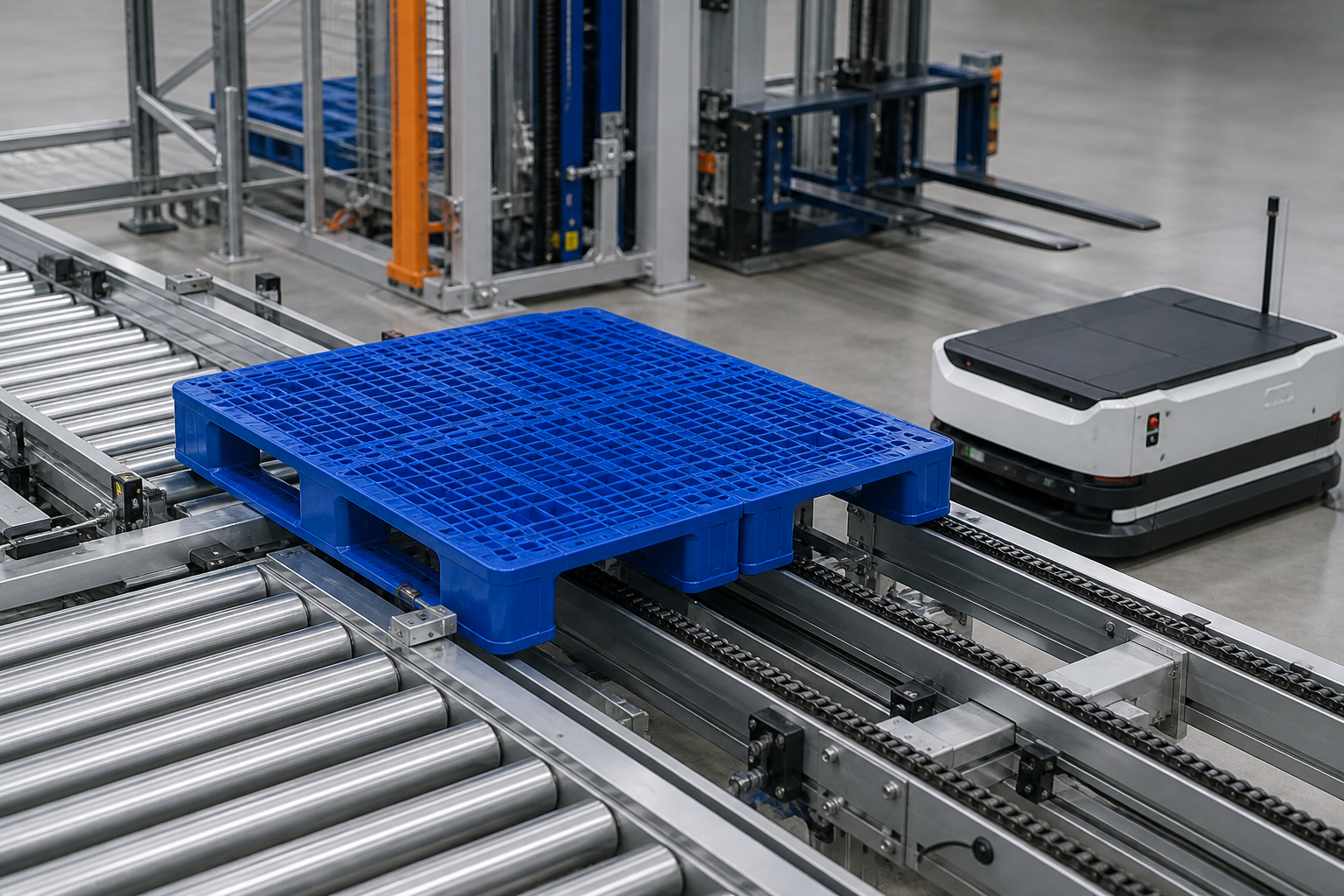 ASRS plastic pallet interface with roller conveyor chain conveyor AGV and stacker crane