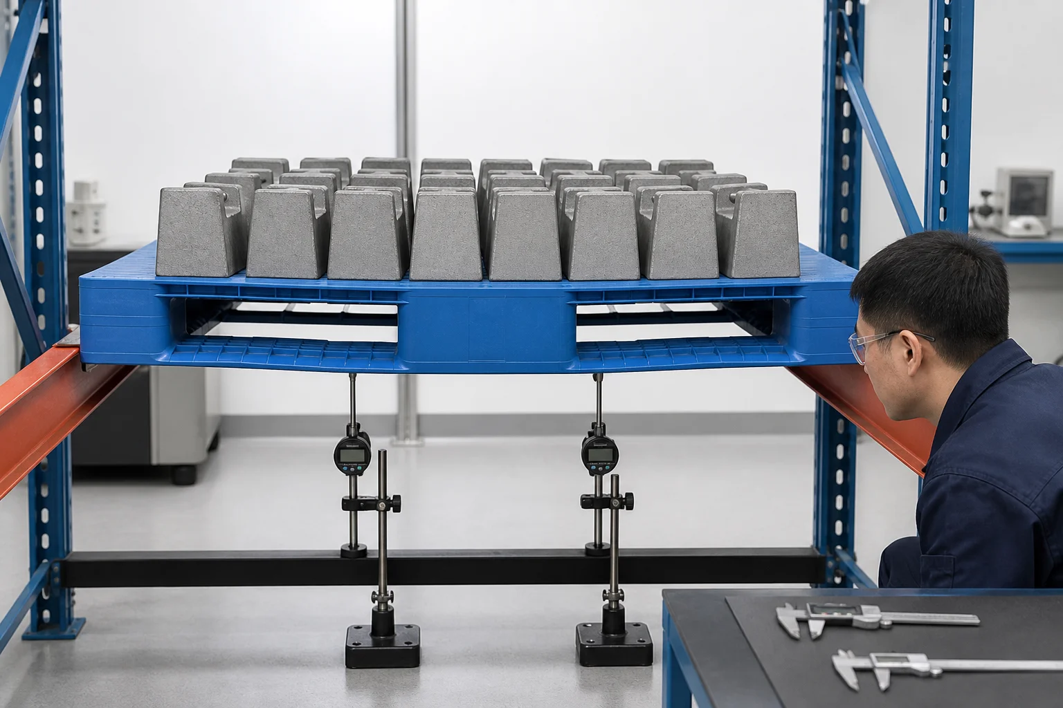 Rack load and deflection testing for a steel reinforced ASRS plastic pallet