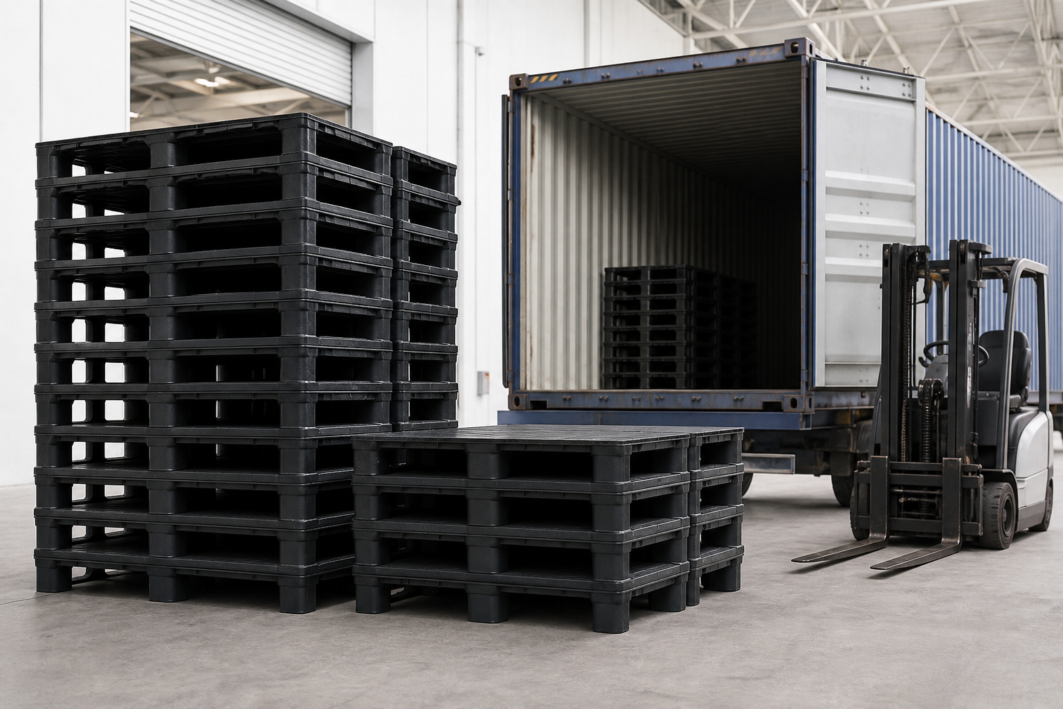 Black plastic export pallets prepared for container loading