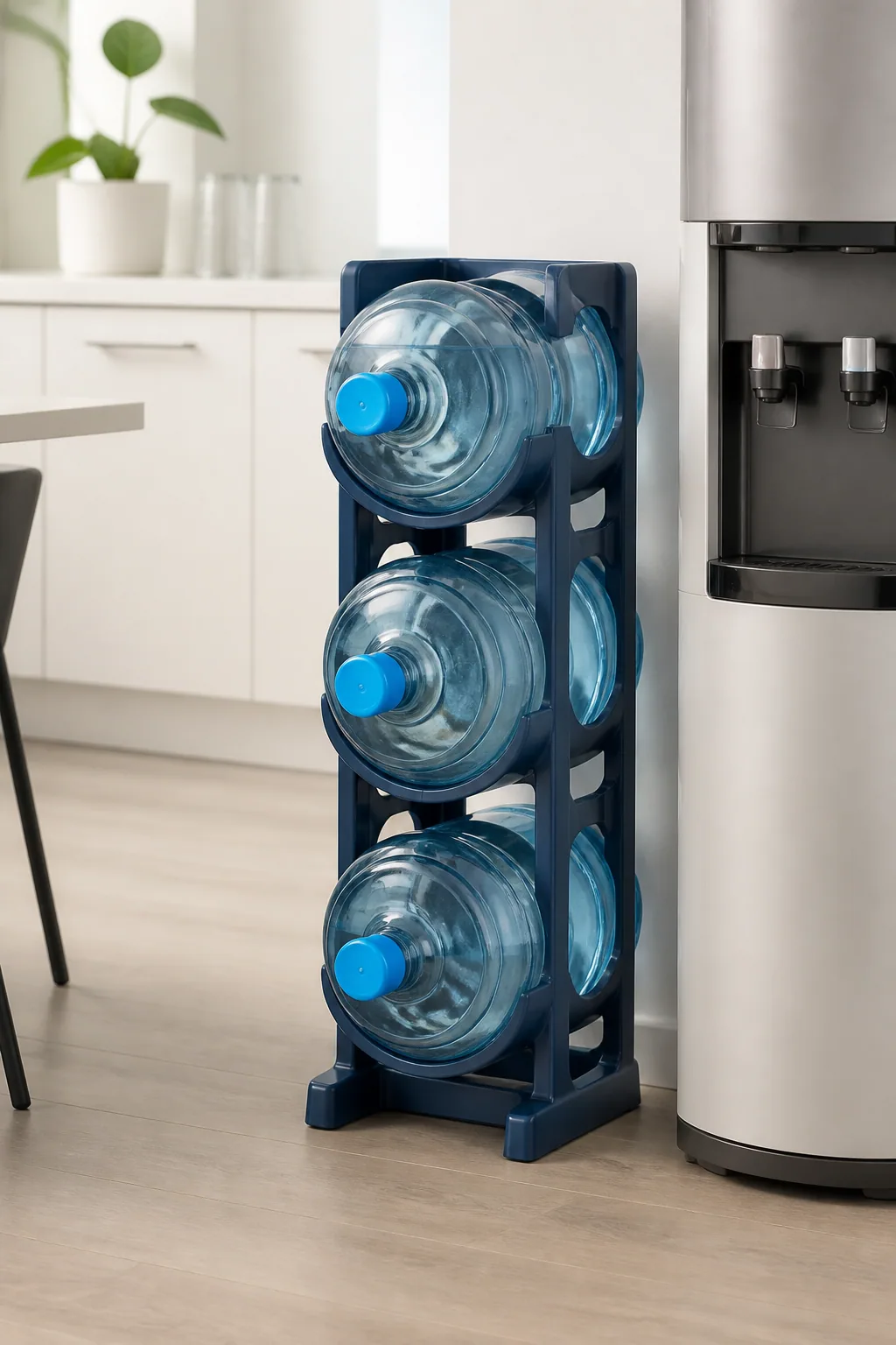 Slim three-bottle floor water rack beside an office water dispenser