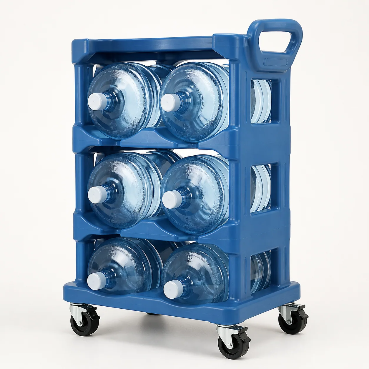 Mobile six-bottle water jug rack cart with locking caster wheels