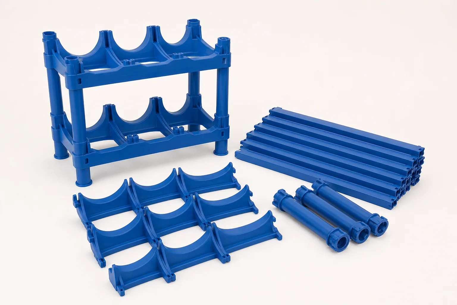 Disassembled modular stackable plastic water bottle rack components