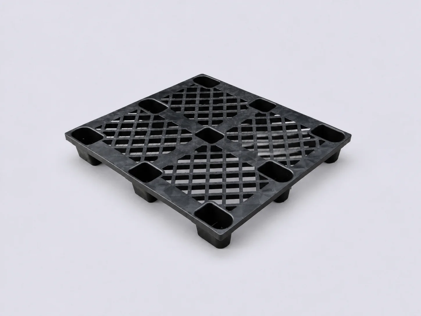 Black nine-leg nestable plastic export pallet made from recycled material