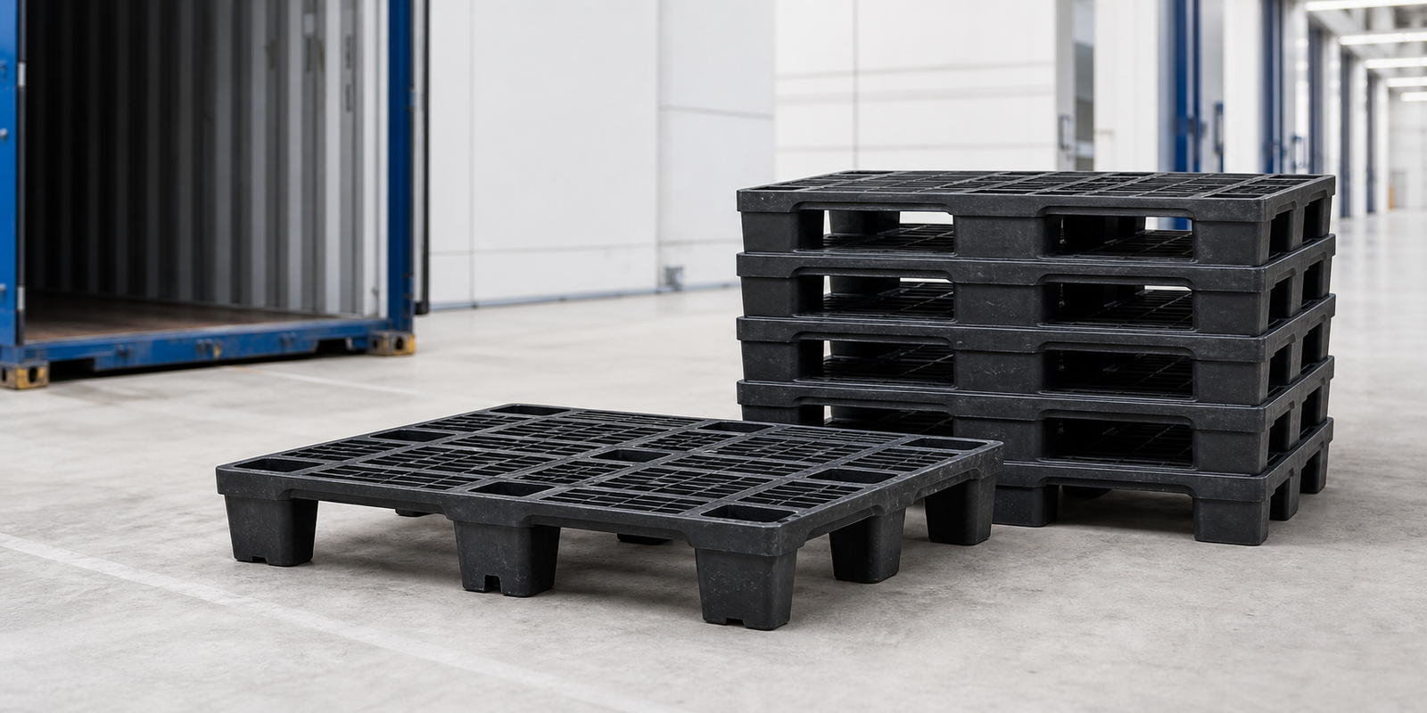 Black recycled plastic one-way export pallets beside a shipping container
