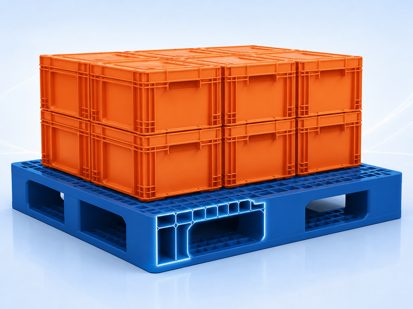 Reinforced plastic pallet engineered for load performance