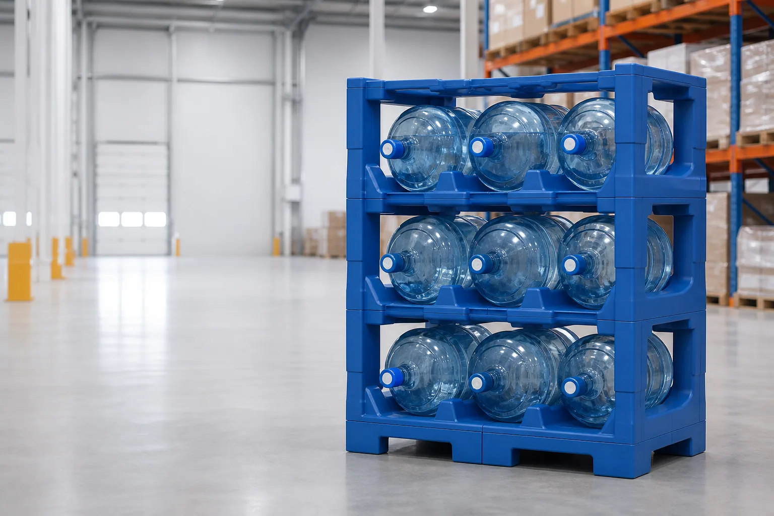 Modular plastic 5 gallon water bottle rack in a distribution warehouse