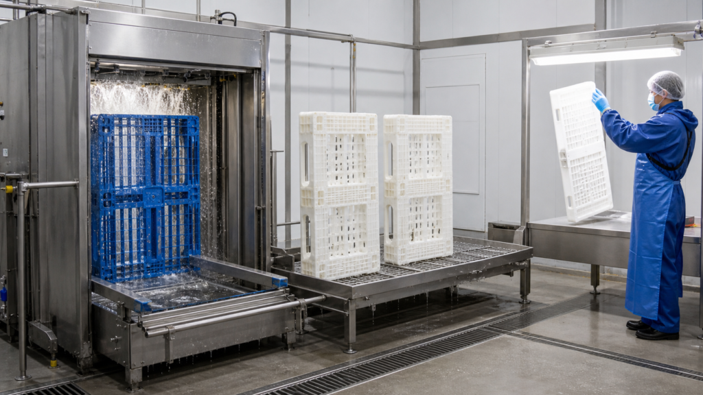 Cleaning plastic pallets