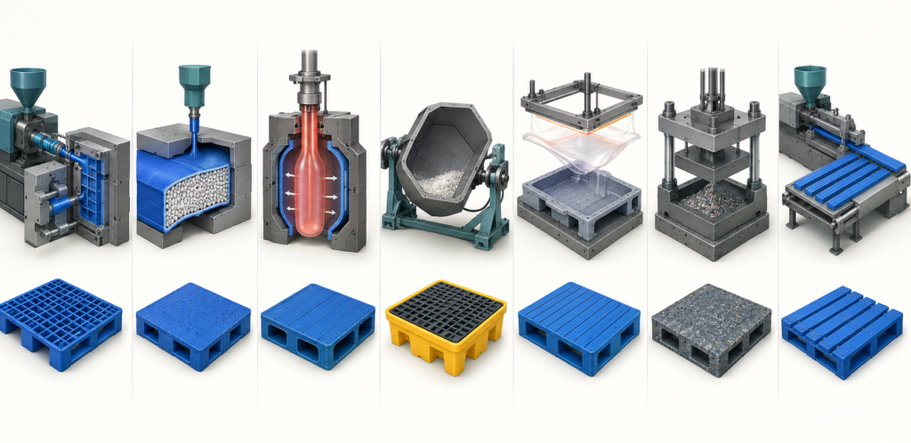 Comparison of seven plastic pallet manufacturing methods including injection, blow, rotational, thermoforming, compression, and extrusion processes