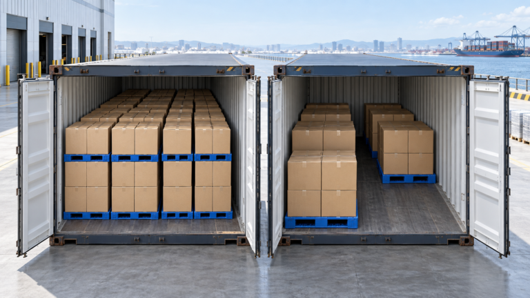 Loaded plastic pallets arranged at different densities inside two 40ft shipping containers