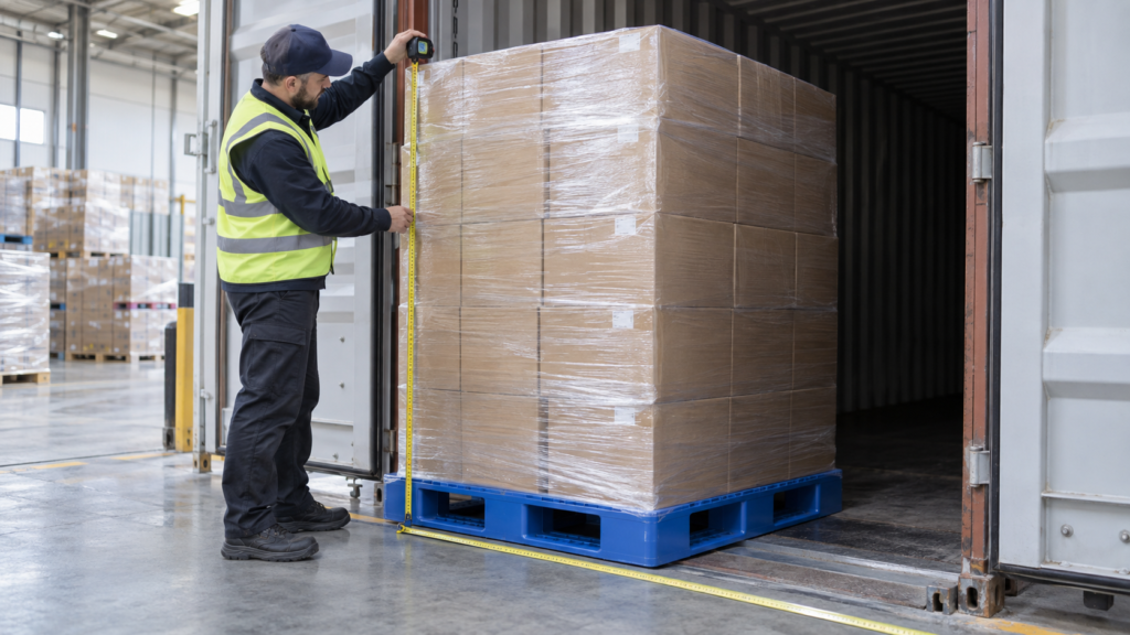 Measuring a wrapped palletized load before checking shipping container door clearance