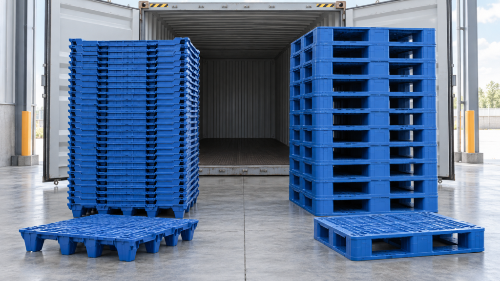 Nestable and non-nestable plastic export pallet stacks compared for shipping density