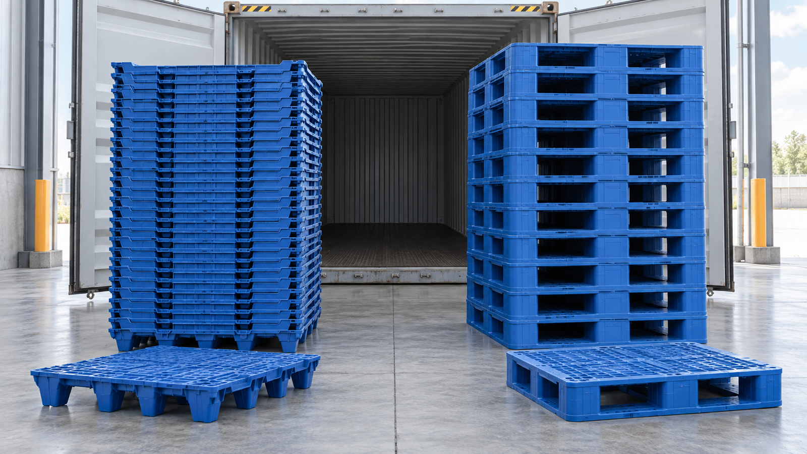 Nestable and non-nestable plastic pallet stacks compared for shipping density