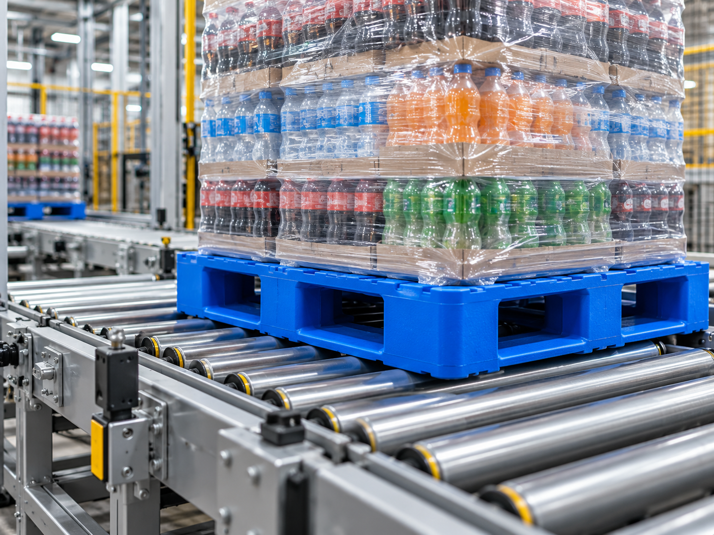 Blue plastic pallet on a roller conveyor with defined underside contact