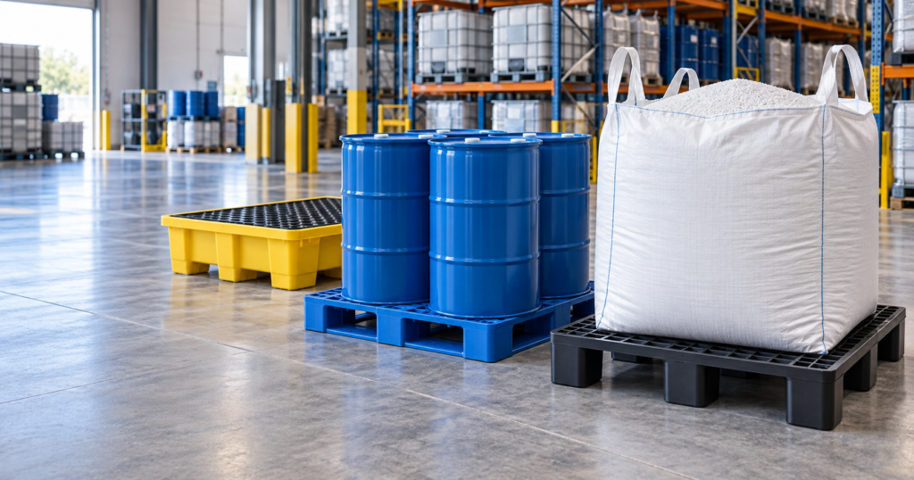 Chemical and industrial plastic pallets for drums and FIBC bags