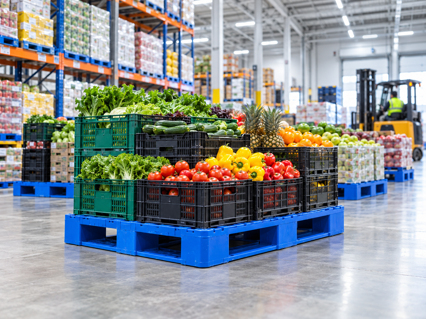 Plastic pallets supporting packaged produce in a food-handling environment