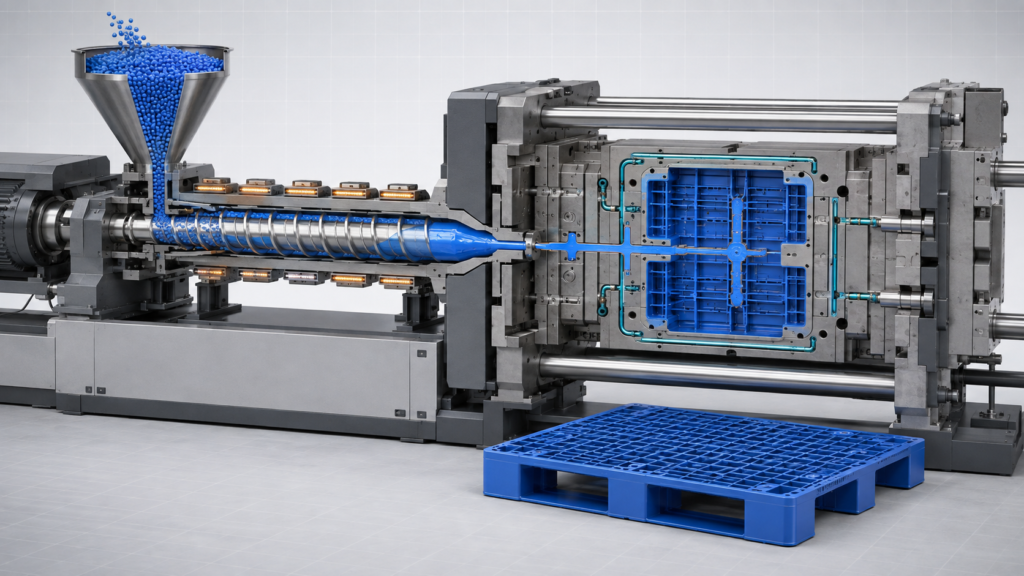 Plastic pallet injection molding process showing resin feeding, plasticizing, mold filling, cooling, and the finished pallet