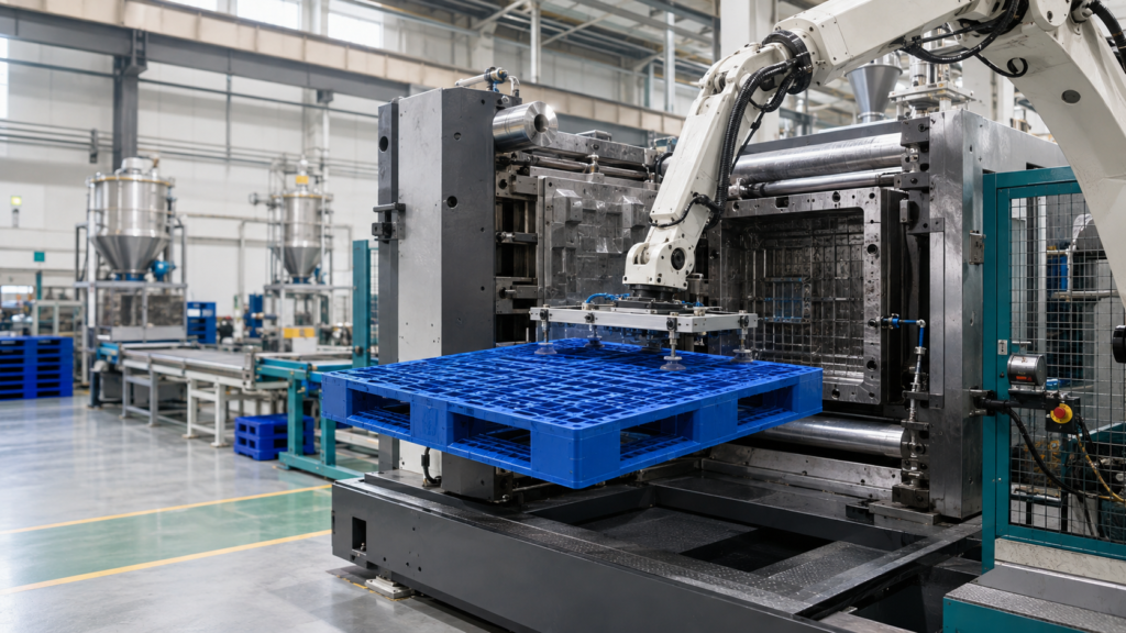 Plastic pallet manufacturing process in a modern injection molding factory