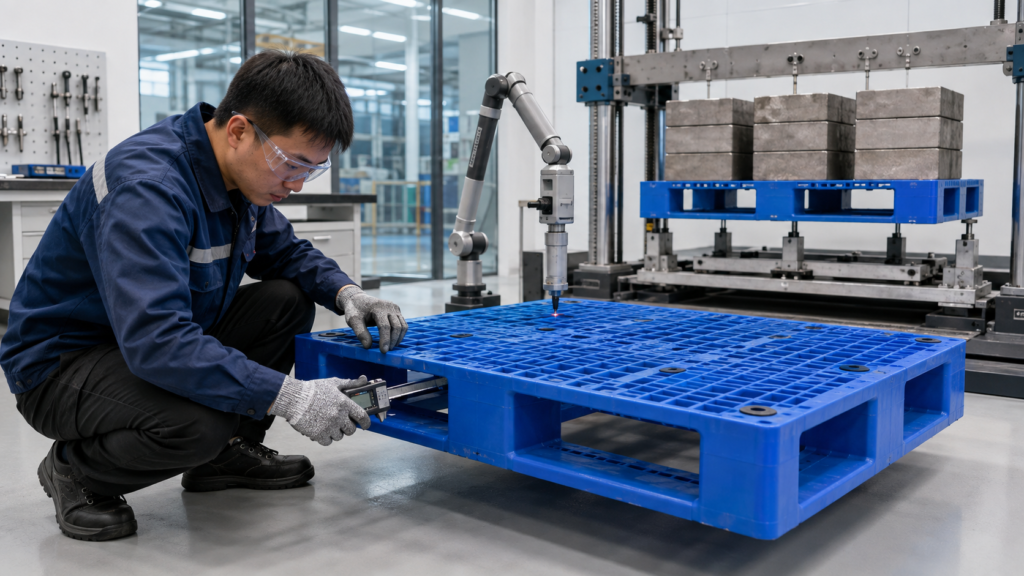 Plastic pallet quality control with dimensional inspection and controlled rack load testing