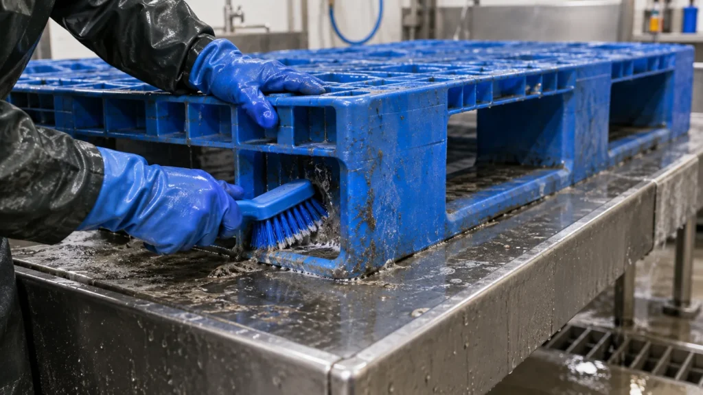 Scrubbing plastic pallet ribs and recessed feet