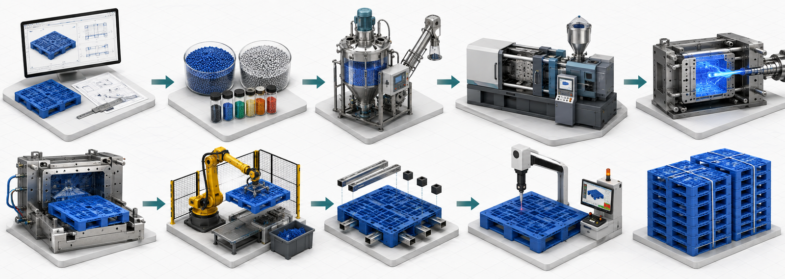 Plastic pallet development workflow from design and material review to molding, testing and shipment
