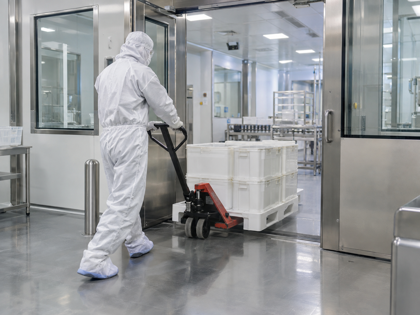 Plastic pallet application in a pharmaceutical manufacturing facility