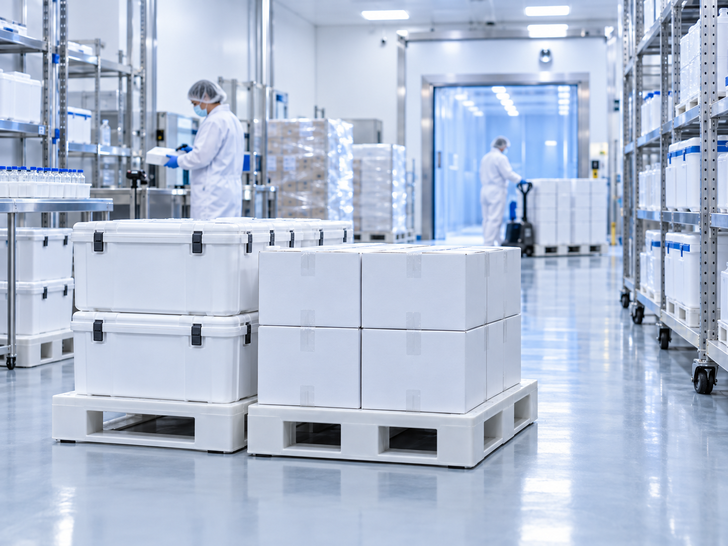 Reinforced heavy duty pharmaceutical plastic pallets in storage