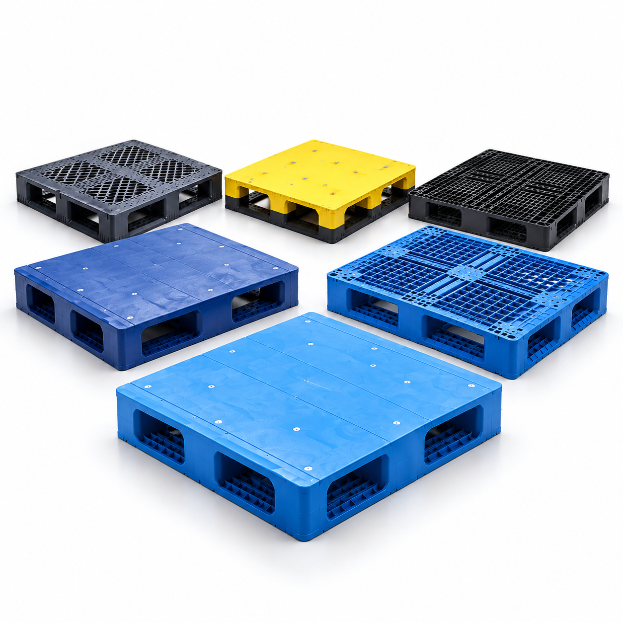Assorted full perimeter plastic pallets in solid-deck and open-deck designs